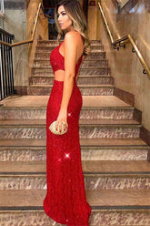 Trendy Red One Shoulder Sequins Side Slit Sexy Prom Dress